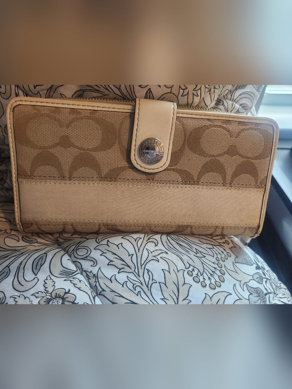 Coach Beige Signature Canvas Wallet with Cream Trim